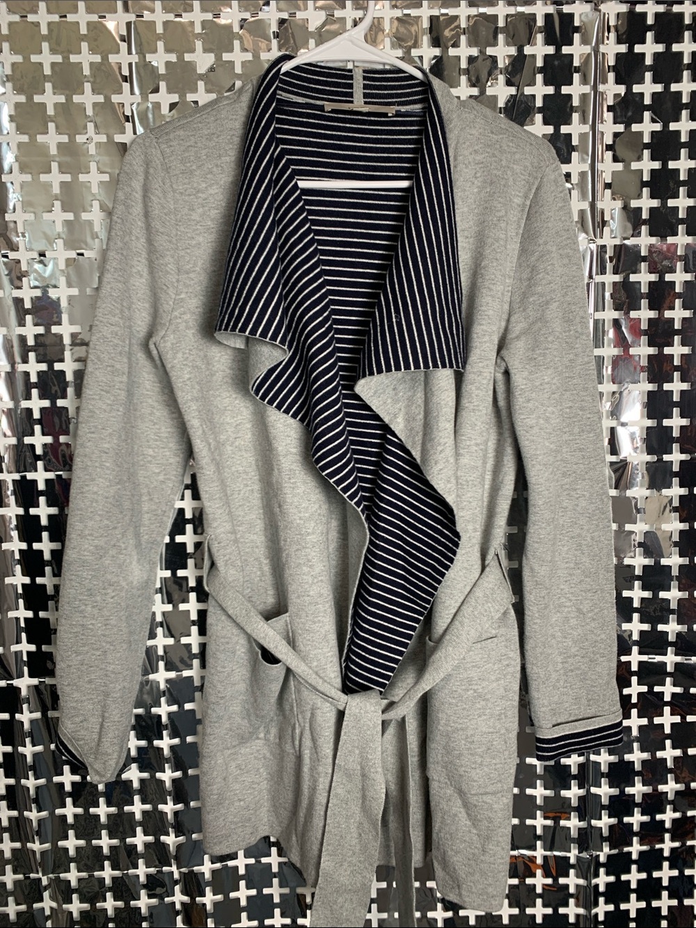 LOFT Gray Cardigan with Navy & White Striped Trim